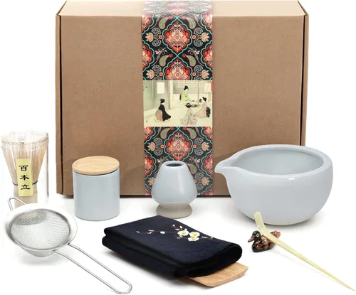 Vista 2 de Artcome Juego de té matcha japonés de 9 piezas, cuenco de matcha con pico vertedor, batidor de matcha, soporte de batidor de cerámica, cuchara