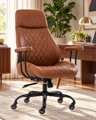 Vista 9 de E-Motie Silla de oficina de cuero, silla de escritorio moderna de mediados Marrón
