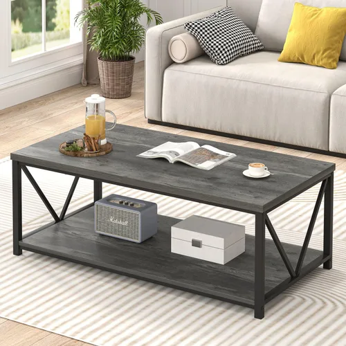 Vista 16 de EXCEFUR Mesa de centro pequeña, mesas modernas para sala de estar con estante de almacenamiento, mesa central rectangular de madera rústica, mesa