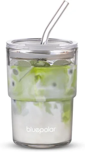 Vista 8 de BLUEPOLAR Vaso de Agua de Vidrio de 13oz/400ml con Pajita y Tapa Sellada para Llevar Pared Gruesa Taza de Café Helado Vaso de Vidrio para Agua, Té