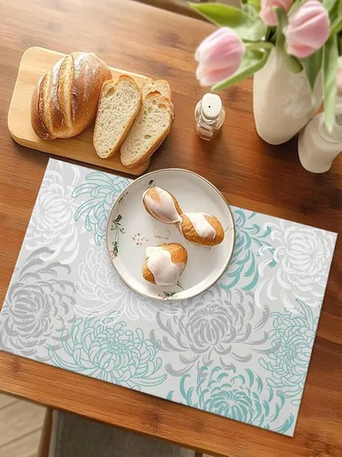 Vista 4 de Juego de 4 manteles individuales para mesa de comedor, diseño de crisantemo, color aguamarina, lino de algodón, impermeable, fácil de limpiar