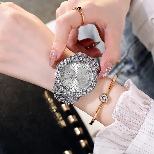 Vista 4 de ADSBIAOYE Reloj unisex de lujo con diamantes de moda, esfera grande, números romanos con calendario