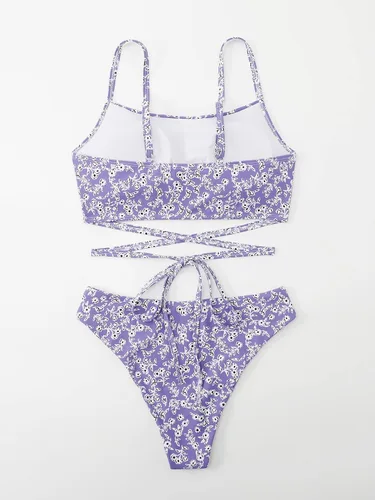 Vista 2 de MakeMeChic Traje de baño de 2 piezas para mujer, conjunto de bikini de corte alto fruncido floral