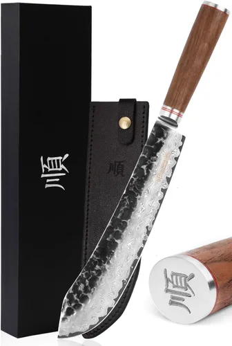 Vista 10 de YOUSUNLONG Cuchillo de carnicero japonés martillado de acero de Damasco de 8 pulgadas, mango de madera de nogal natural