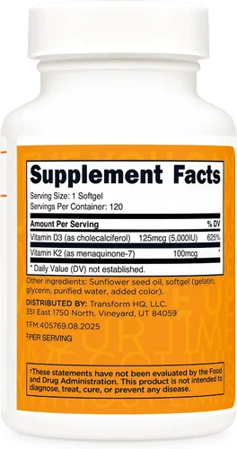 Vista 4 de TransformHQ Vitamina K2 (MK7) (100 mcg) + vitamina D3 (5000 UI) 120 cápsulas blandas, sin gluten y sin OMG