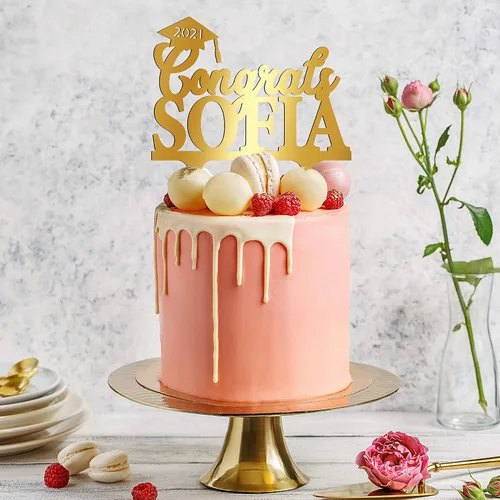 Vista 4 de Decoración personalizada para tartas de graduación – Felicidades graduadas con nombre y fecha – Decoraciones acrílicas personalizadas para tartas