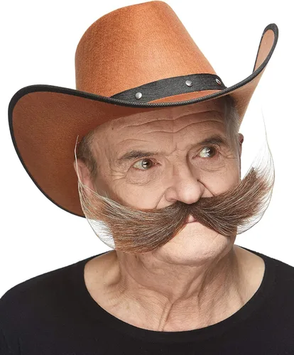 Vista 3 de Mustaches Bigote falso de pescador autoadhesivo, novedad, pelo facial falso, accesorio de disfraz para adultos, color marrón y gris