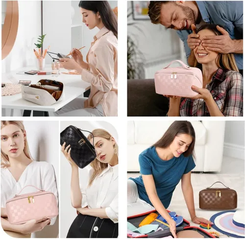 Vista 7 de Bolsas de maquillaje a cuadros de gran capacidad, bolsas de cosméticos portátiles de viaje, bolsa de aseo abierta y plana para mujeres y niñas