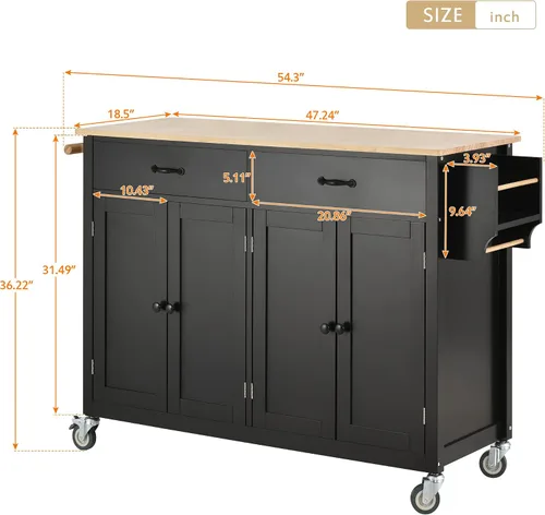 Vista 5 de Isla de cocina con ruedas con escritorio de madera maciza, mesa de isla de cocina con 2 cajones, carrito de isla de cocina con armario