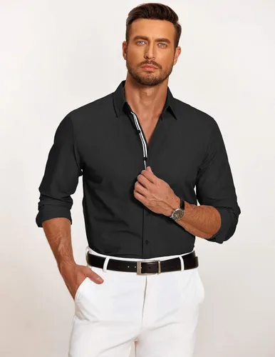 Vista 3 de COOFANDY Camisa casual con botones para hombre, camisa de vestir de mezclilla de manga larga
