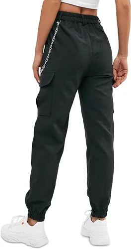 Vista 5 de ZAFUL Pantalones cargo para mujer, de cintura alta, pantalones deportivos para exteriores, pantalones casuales con cadena