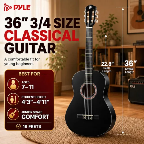 Vista 3 de Pyle Kit de guitarra acústica para principiantes, instrumento de madera de tamaño junior 3/4 con kit completo de accesorios, púas, correa