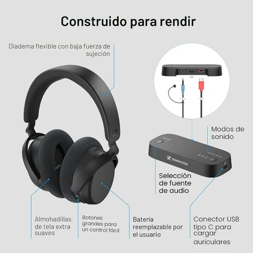 Vista 8 de Auriculares Sennheiser RS 255 para TV - Paquete de Auriculares Bluetooth y Transmisor - Auriculares Inalámbricos de Baja Latencia con Sonido