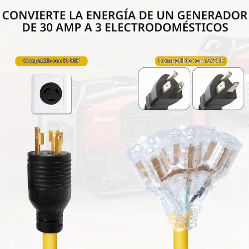 Vista 4 de Cable de alimentación para generador de 30 amperios a 110, adaptador de generador de 3 clavijas de 30 amperios a 15 A, enchufe de alimentación macho