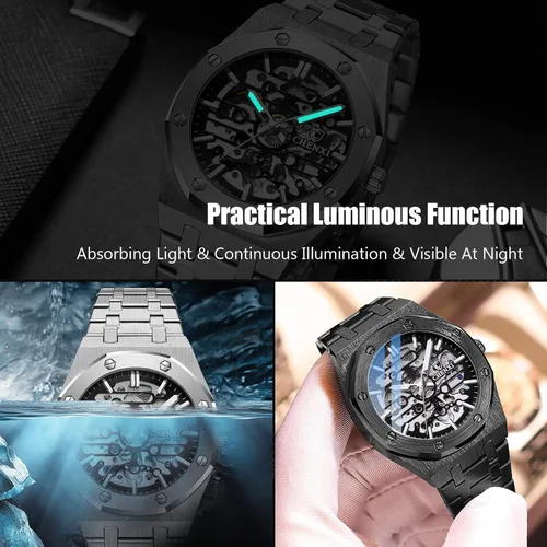 Vista 4 de RORIOS Reloj de negocios para hombre, reloj mecánico automático, reloj luminoso con correa de acero inoxidable, reloj de pulsera de cuerda automática