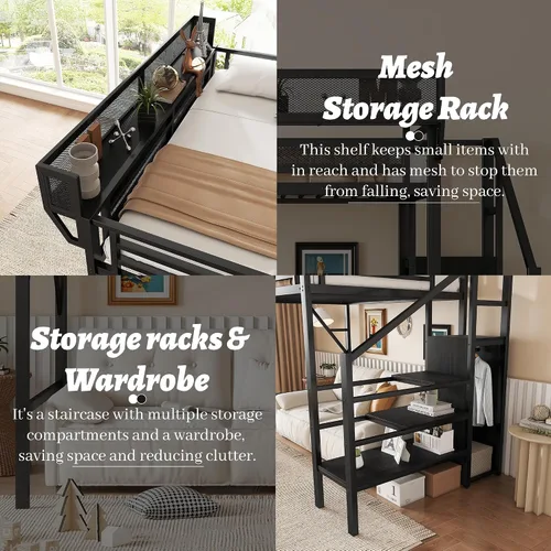 Vista 4 de Cama tipo loft individual con escaleras, cama alta de metal tamaño individual con estantes de almacenamiento y armario, estante de noche y gran