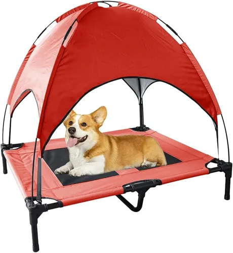 Vista 9 de Cama elevada impermeable para perros con toldo y malla de refrigeración – Cuna elevada portátil para perros grandes, tienda de campaña