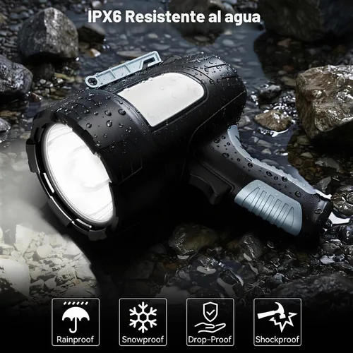 Vista 7 de Linterna de foco recargable, 99,000 lúmenes, proyector LED súper brillante con 6 modos y trípode plegable, potente luz puntual de 30 horas de larga