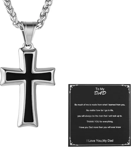 Vista 9 de HZMAN Collar con colgante de cruz de acero inoxidable para hombres con cadena de trigo Negro & rojo