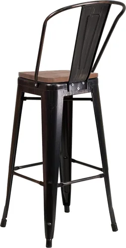 Vista 8 de Merrick Lane Amsterdam Taburete de bar – Silla de bar de metal negro antiguo con asiento de madera – Taburete de cocina con respaldo curvado