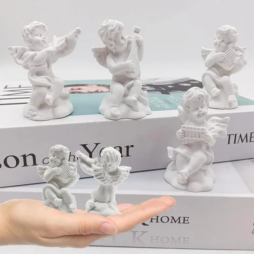 Vista 6 de Hoypeyfiy 4 mini figuras de ángel de querubín, estatuas de ángel pequeño de resina, esculturas de ángel músico para decoración de estantes, repisa