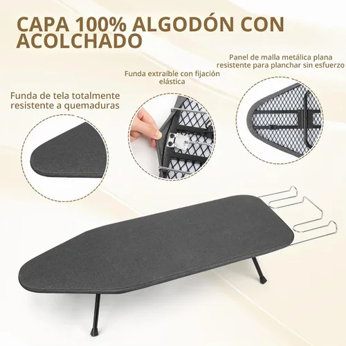 Vista 2 de Tabla de planchar plegable con soporte de hierro, 31.6 x 12.5 pulgadas, cubierta acolchada de algodón, panel de malla metálica, mini tabla de hierro