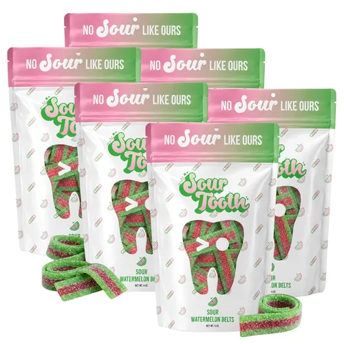 Vista 13 de Sour Tooth Cinturones de fresa, tiras de caramelo de gomitas ácidas masticables, paquete de 6, 4 onzas Soft & Chewy Strips, Sour Candy Bulk, Bulk