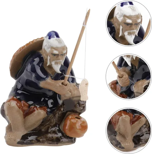 Vista 5 de Cabilock Figura de pescador de cerámica que absorbe el agua, mini adorno de bonsái para acuario y jardín al aire libre, D Cor 2.76 x 1.97 x 1.38