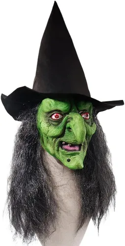 Vista 9 de Máscara facial de bruja de anciana con pelo y sombrero, disfraz de látex para Halloween, espeluznante y aterrador, disfraz de bruja para fiesta