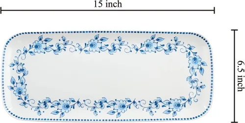 Vista 2 de UP ware - Bandeja de servir de melamina floral azul y blanca, bandeja rectangular de 15 x 6.5 pulgadas, bandeja de alimentos sin BPA