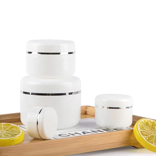 Vista 3 de Tarro de plástico vacío de 1.7 fl oz con borde plateado blanco con tapa de rosca y forro de PP, portátil, recargable, loción de crema de plástico