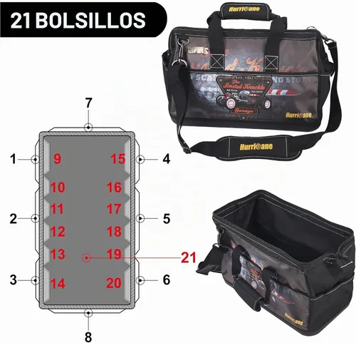 Vista 3 de Busted Knuckle Garage bolsa de herramientas portátil de 16 pulgadas con boca ancha, 21 bolsillos, gran espacio interior y base impermeable