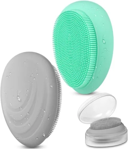 Vista 2 de Cepillo de silicona suave para limpieza facial con estuche de almacenamiento, 2 unidades, color gris y verde