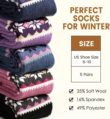 Vista 2 de 5 pares de calcetines de lana cálidos y acogedores para mujer, calcetines vintage lindos de invierno, regalos de punto grueso súper suaves, 38