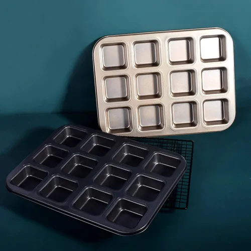 Vista 4 de Mini molde para pan de 8 cavidades de acero al carbono, bandeja antiadherente para hornear pan, diseño de una sola pieza (negro, 12 cavidades)