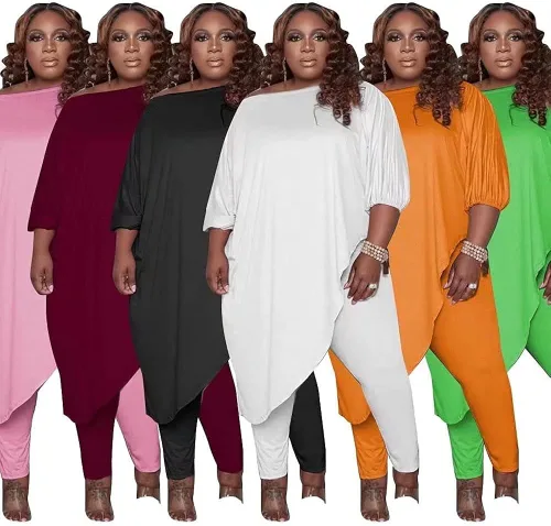Vista 5 de Huasemy Trajes de talla grande para mujer trajes deportivos de manga larga con hombros inclinados tops asimétricos pantalones ajustados conjuntos