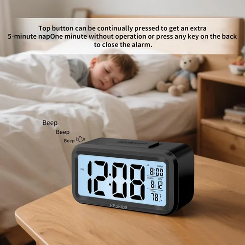 Vista 3 de Reloj despertador digital a pilas con temperatura interior, reloj pequeño de escritorio, modelo de repetición, pantalla de 12/24 horas para Negro