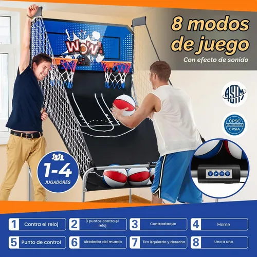 Vista 2 de GYMAX Juego de baloncesto arcade plegable para interiores con 8 modos de juego, sonido de arcade, 4 bolas y bomba de inflado, juegos de baloncesto