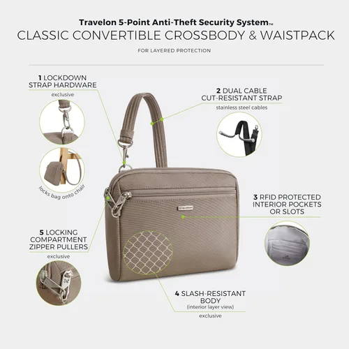 Vista 3 de Travelon Bandolera y cangurera convertible clásica para mujer, Avellana, Tamaño único