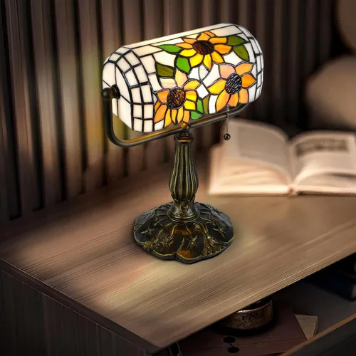 Vista 4 de Tiffany Bankers Lámpara de Escritorio, Luz de Piano de Vidrio Emplomado de Girasol con Bombilla LED, Lámpara de Escritorio Estilo Tiffany Vintage