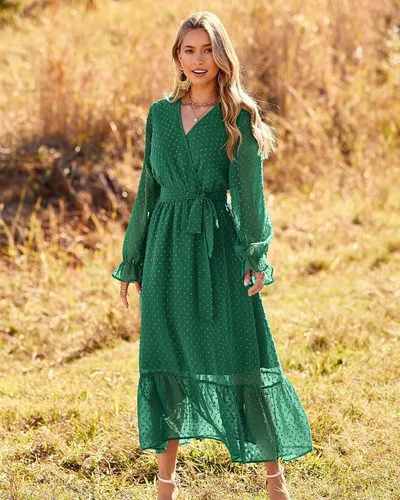Vista 4 de BTFBM - Vestidos informales para mujer de manga larga, cruzado con cuello en V, estampado floral, estilo bohemio, acampanado y plisado, vestido midi