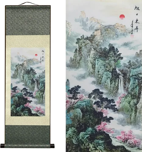 Vista 33 de AtfArt Decoración asiática de pared, hermosa pintura de pergamino de seda del paisaje del río de la cascada - Montaña, primavera, otoño