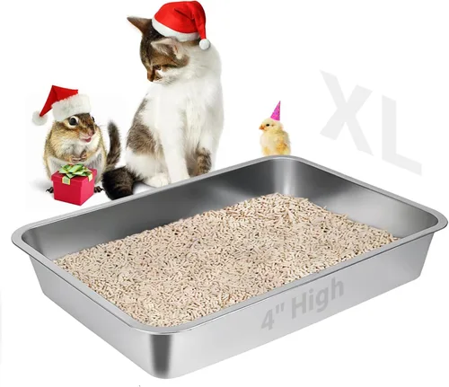 Vista 12 de Caja de arena para gatos de acero inoxidable, bandeja de arena de metal cubierta, bandejas de arena para gatos con lados altos, caja de arena