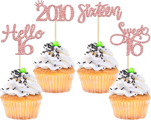 Vista 64 de Gyufise Paquete de 24 adornos negros para cupcakes de 10.º cumpleaños con purpurina negra 10 Ten Hello 10 Dights dobles desde 2015 para decoraciones