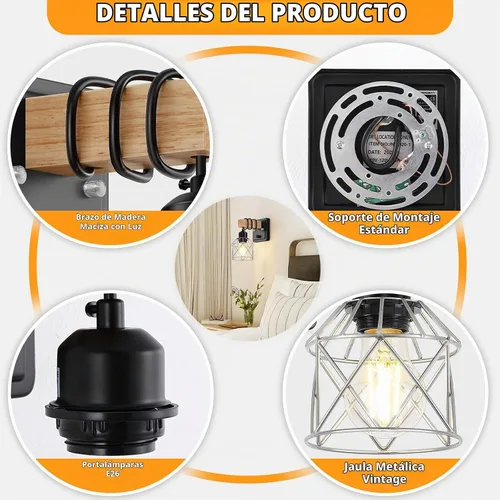 Vista 3 de FadimiKoo Juego de 2 apliques de pared, lámparas de pared de madera de cabecera con interruptor giratorio, lámpara de tocador de baño negra