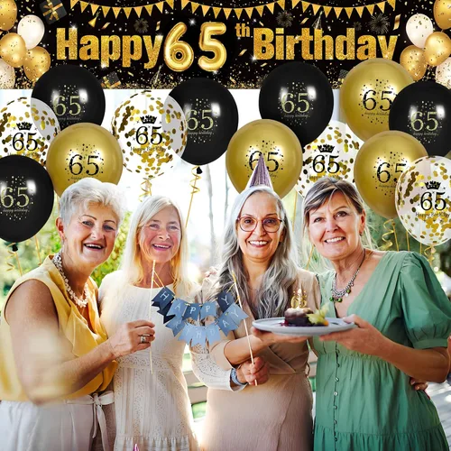 Vista 5 de Decoraciones de cumpleaños número 65 para hombres y mujeres, cartel negro y dorado para patio y 18 globos de feliz cumpleaños para suministros