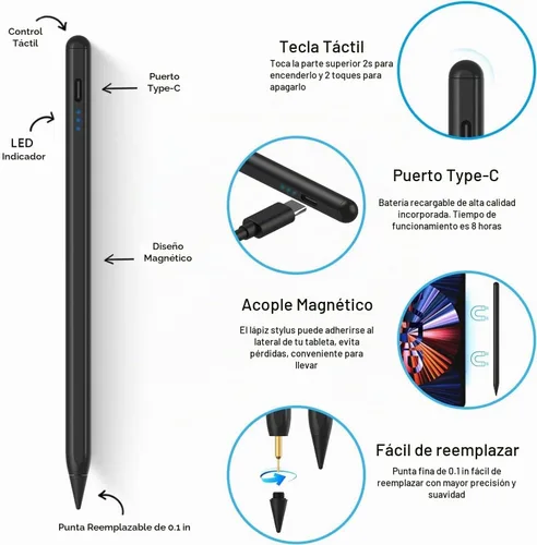 Vista 5 de Lápiz óptico para iPad 2018-2025 con rechazo de palma, carga más rápida, sensibilidad de inclinación, lápiz iPad compatible con Negro