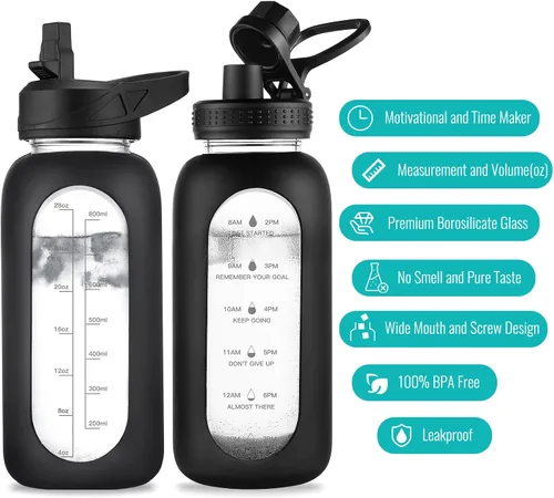 Vista 3 de EALGRO Botella de agua de vidrio de 32 onzas con popote y asa, frasco de agua motivacional deportivo con funda de silicona, taza grande a prueba
