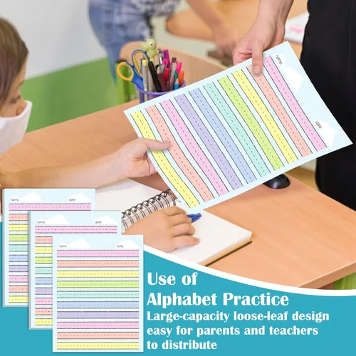 Vista 5 de 50 hojas de papel de línea elevada multicolor para práctica de escritura, papel de escritura de jardín de infantes de regla ancha, doble cara