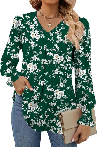 Vista 7 de Funlingo Blusas de mujer con mangas largas 2025, elegantes y casuales, con cuello en V, túnica suelta de gasa para el trabajo